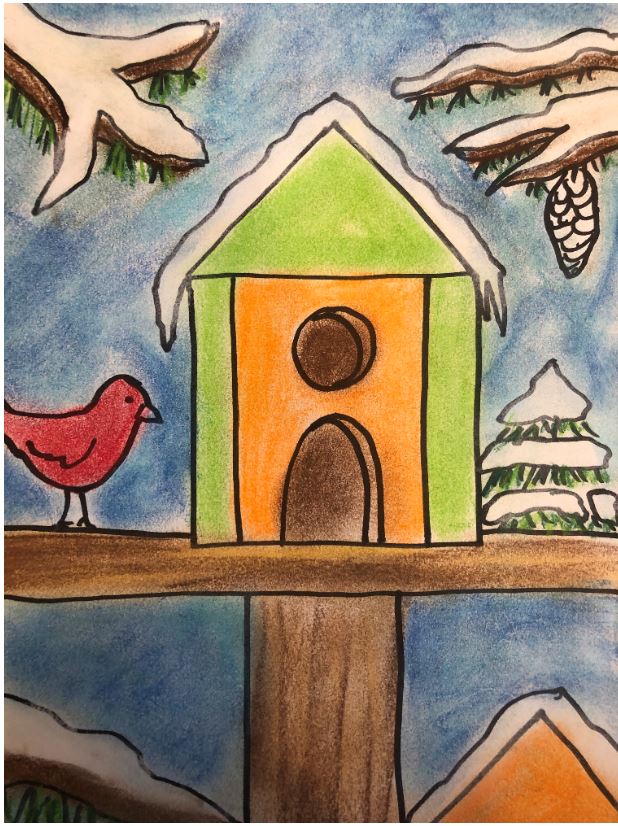 Snowy Birdhouse and Cardinal