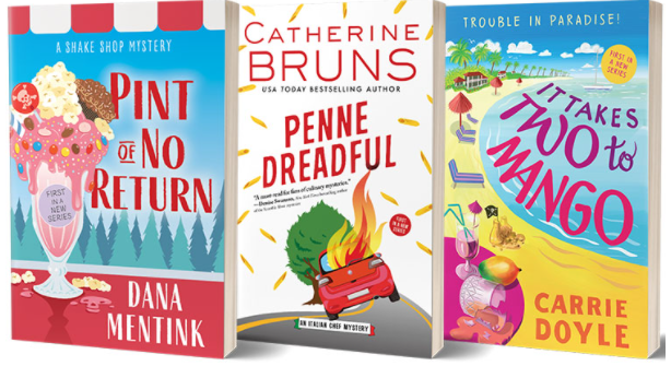 August eBooks: "Pint of No Return" by Dana Mentink, "Penne Dreadful" by Catherine Bruns, "It Takes Two to Mango" by Carrie Doyle. 
