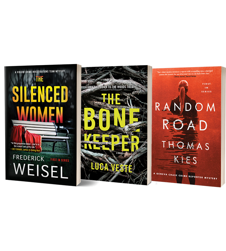 Collection of book covers for "The Silenced Women" by F. Weisel, "The Bone Keeper" by L. Veste, and "Random Road" by T. Kies