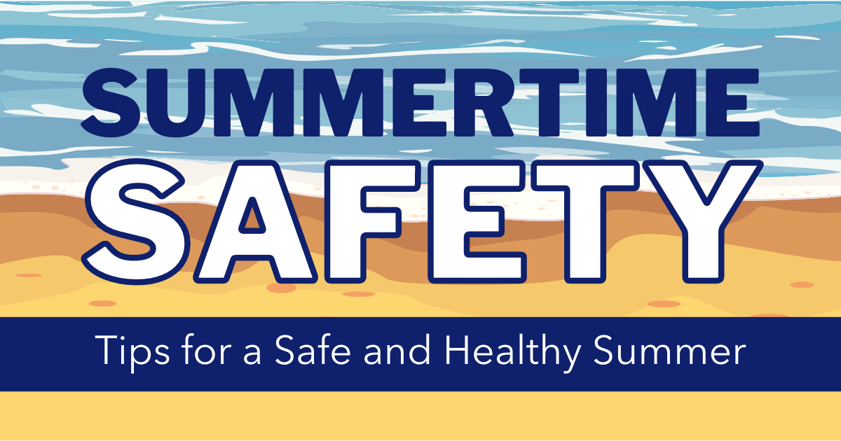 A beach background with the words summertime safety