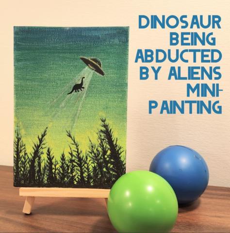 Dinosaur Being Abducted by Aliens Mini Painting