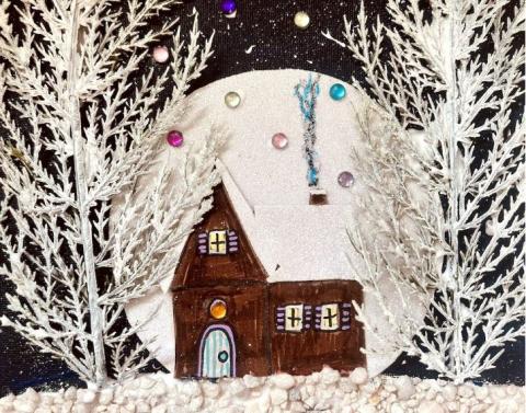 Winter Cottage Mixed Media Painting