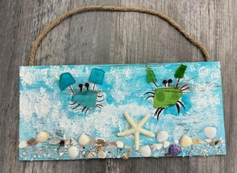 Sea Glass Crabs on Wood