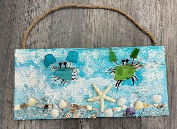 Sea Glass Crabs on Wood